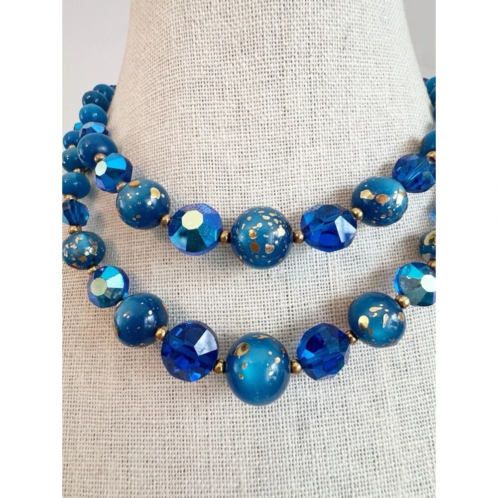 Vintage MCM Peacock Blue Iridescent Two Strand Beaded Necklace Glass Gold Fleck